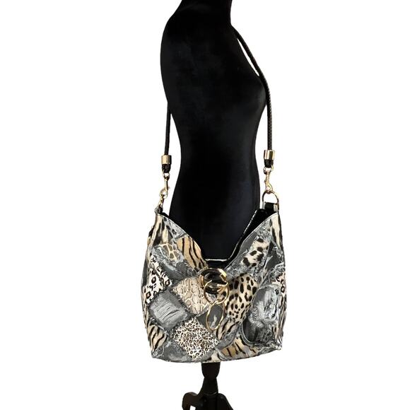 Retro Patchwork Leopard Print Hobo Large Capacity Crossbody Shoulder Tote Purse - Picture 4 of 15